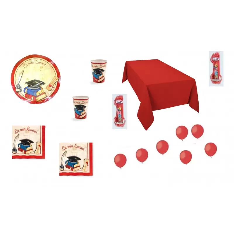 KIT 6 -  COORDINATO LAUREA ROSSO + FORCHETTE E PALLONCINI ROSSI
