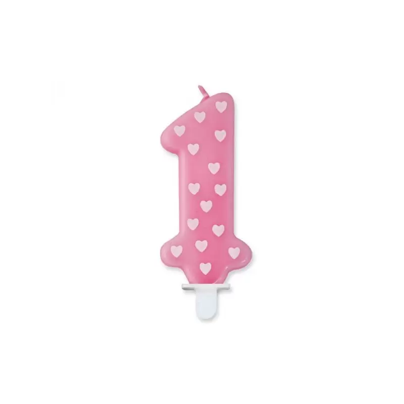 CANDELINA NUMERO 1 ROSA CON CUORICINI 73108