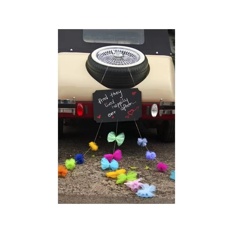 LAVAGNA DECORAZIONE AUTO SPOSI CON POMPOMS E NASTRI TTD1 