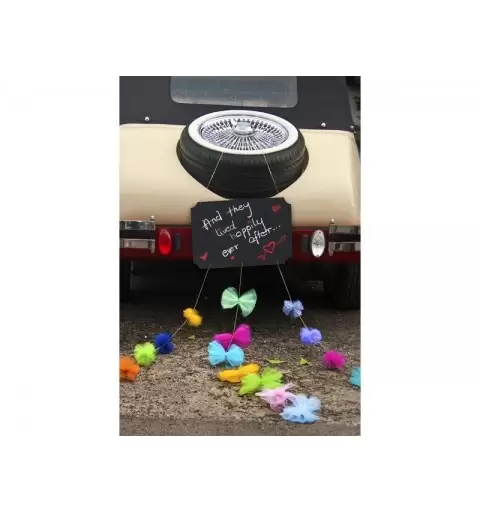 LAVAGNA DECORAZIONE AUTO SPOSI CON POMPOMS E NASTRI TTD1 