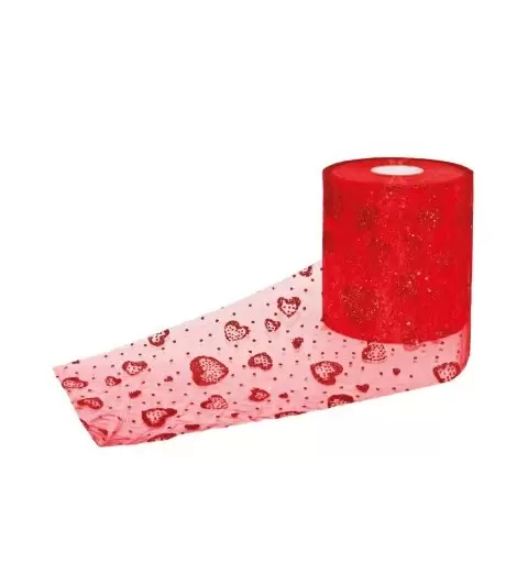 rotolo tulle rosso cuori glitterati
