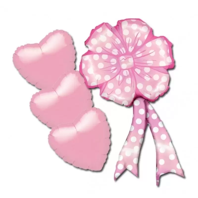 BOUQUET PALLONCINI FOIL COCCARDA ROSA (MC01) + CUORI ROSA PER NASCITA BIMBA