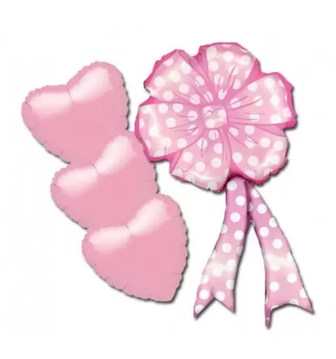 BOUQUET PALLONCINI FOIL COCCARDA ROSA (MC01) + CUORI ROSA PER NASCITA BIMBA