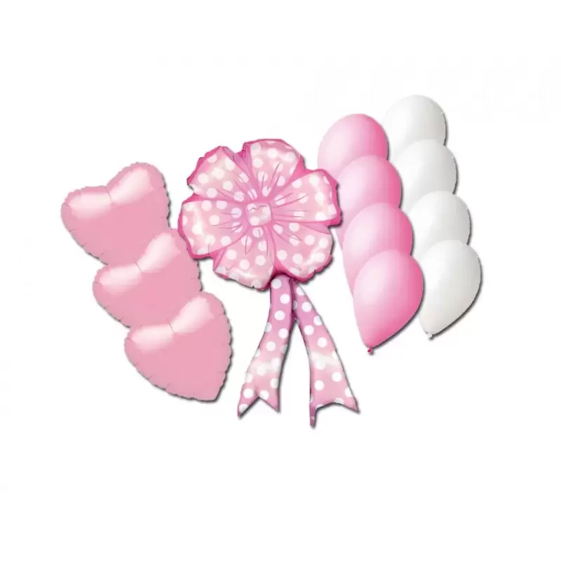 BOUQUET PALLONCINI FOIL NASCITA COCCARDA ROSA (MC01) + CUORI + 20 G90