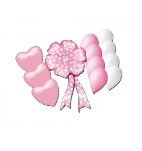 BOUQUET PALLONCINI FOIL NASCITA COCCARDA ROSA (MC01) + CUORI + 20 G90
