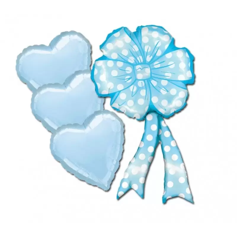 BOUQUET PALLONCINI COCCARDA CELESTE (MC02) + CUORI FOIL PER NASCITA BIMBO
