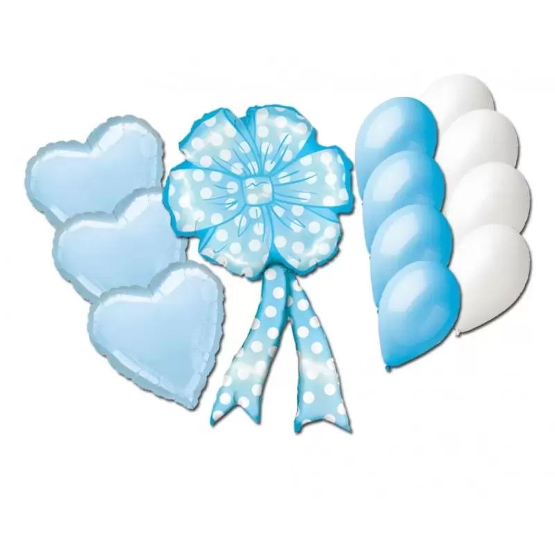 BOUQUET PALLONCINI NASCITA COCCARDA CELESTE (MC02) + CUORI + 20 G90