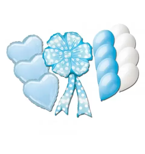 BOUQUET PALLONCINI NASCITA COCCARDA CELESTE (MC02) + CUORI + 20 G90