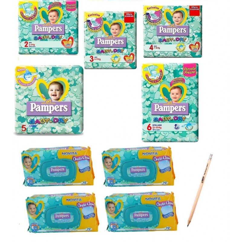 PANNOLINI PAMPERS BABY DRY + 4 CONF. SALVIETTINE PAMPERS BABY6 FRESH