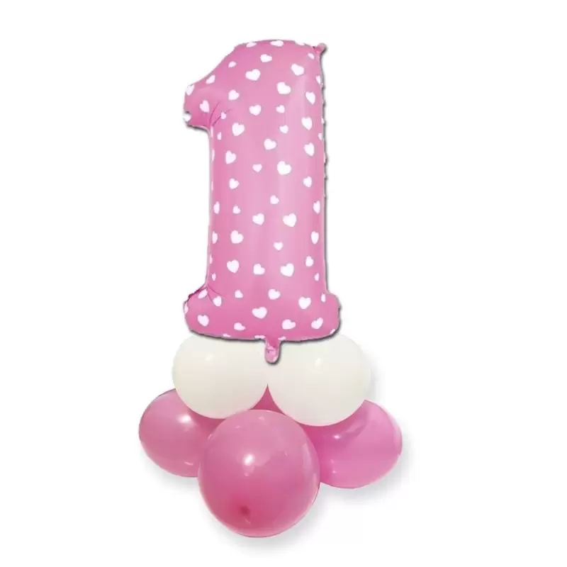 CENTROTAVOLA PALLONCINI 1 ANNO ROSA CON CUORI KIT FAI DA TE
