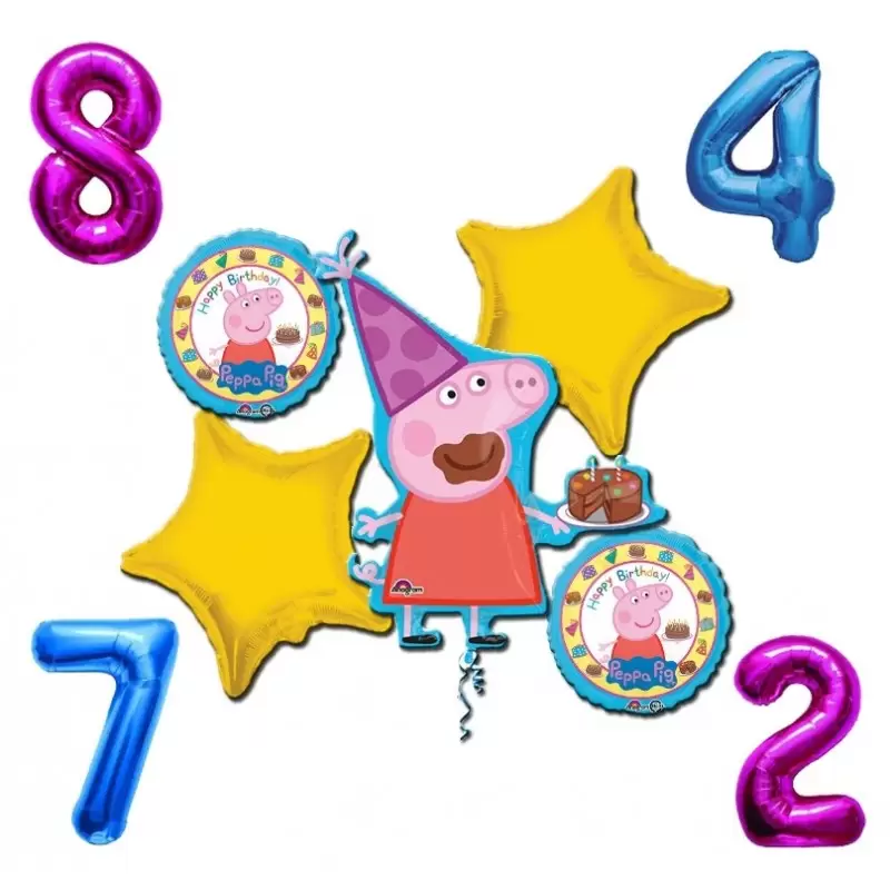 BOUQUET PALLONCINI N 3 PEPPA PIG + 1 NUMERO FOIL A SCELTA