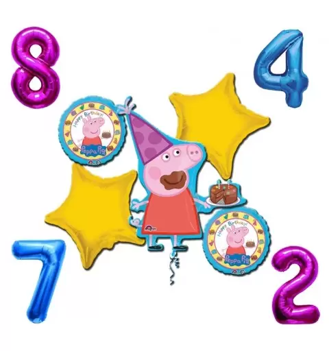 BOUQUET PALLONCINI N 3 PEPPA PIG + 1 NUMERO FOIL A SCELTA