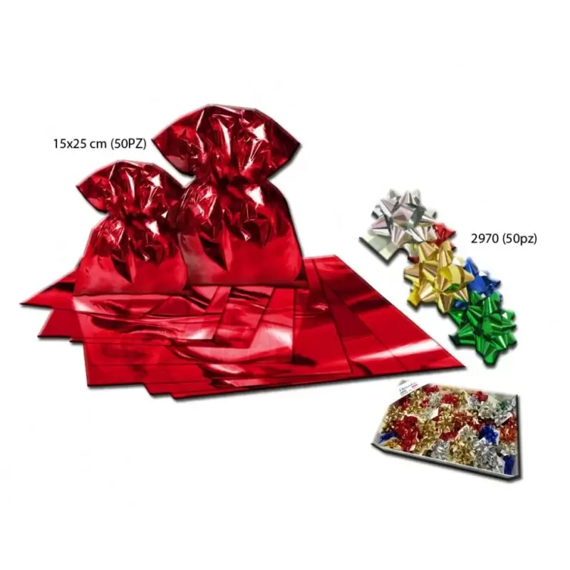 BUSTINE REGALO METALLIZZATE ROSSO (15X25) 50PZ + COCCARDE ADESIVE 2970 PZ 50