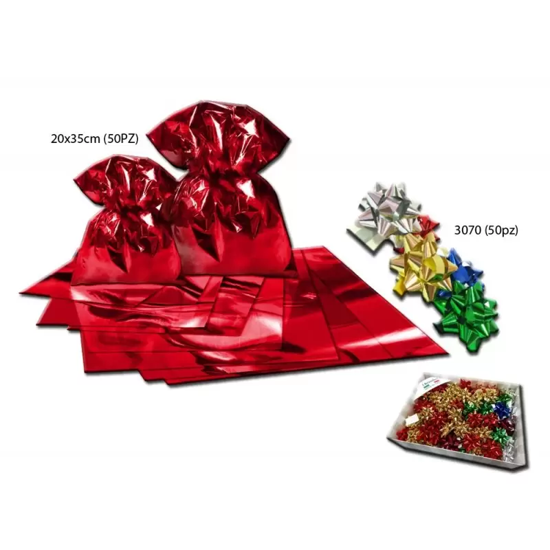BUSTINE REGALO METALLIZZATE ROSSO (20X35) 50PZ + COCCARDE ADESIVE 3070 PZ 50