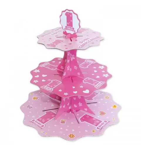 ALZATINA ESPOSITORE CUPCAKE BUON COMPLEANNO 1 ANNO ONE PINK 42904