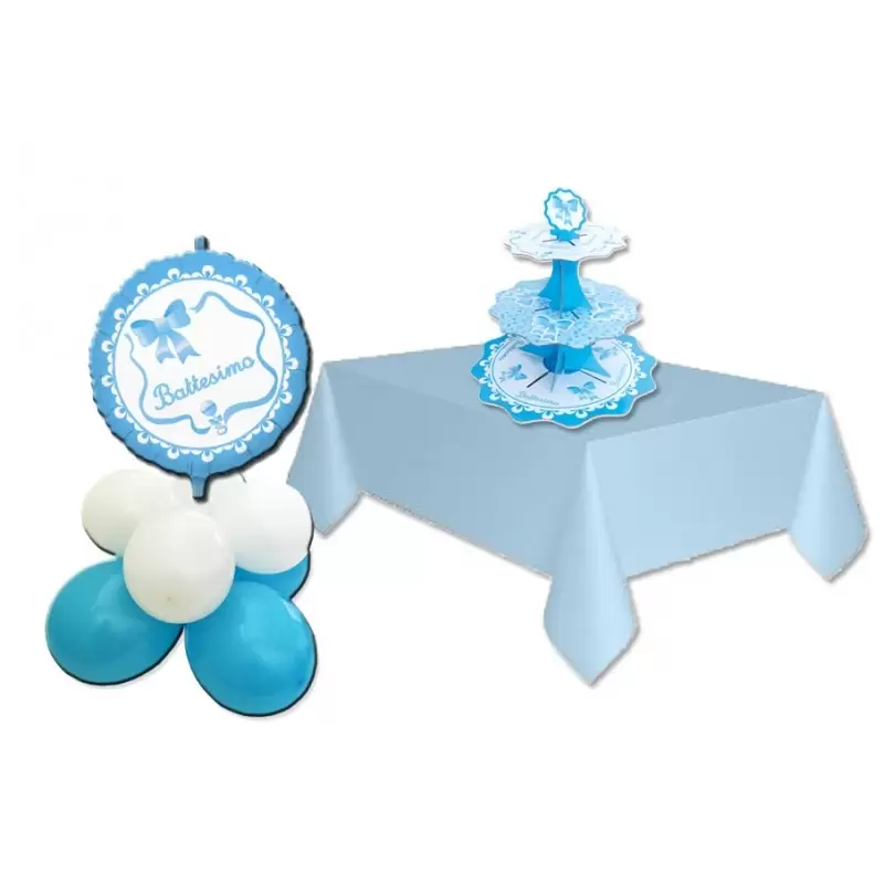 KIT BUFFET BATTESIMO SONAGLIO ROSA (ALZATINA + TOVAGLIA + KIT PALLONCINI)
