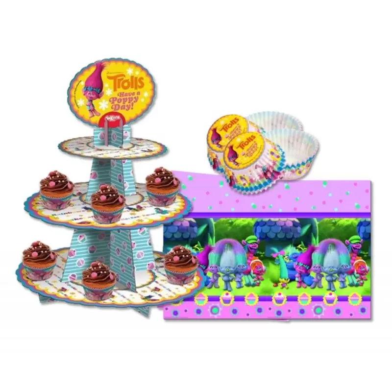 SET CUPCAKE TROLLS ALZATINA + TOVAGLIA + 50 PIROTTINI