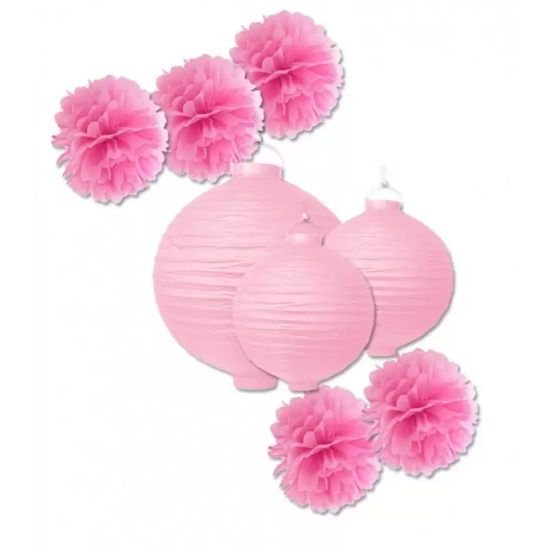 DECORAZIONI FESTA FLUFFY POMPON 5 PZ + LANTERNE IN CARTA ( 2 DA 20 CM + 1 DA 30 CM )