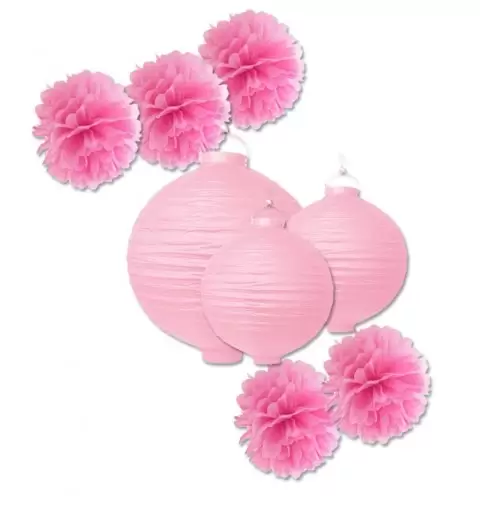 DECORAZIONI FESTA FLUFFY POMPON 5 PZ + LANTERNE IN CARTA ( 2 DA 20 CM + 1 DA 30 CM )