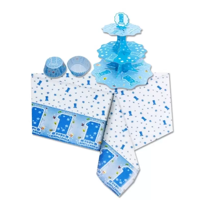 SET CUPCAKE 1 ANNO ONE LIGHT BLUE ALZATINA + TOVAGLIA + 48 PIROTTINI