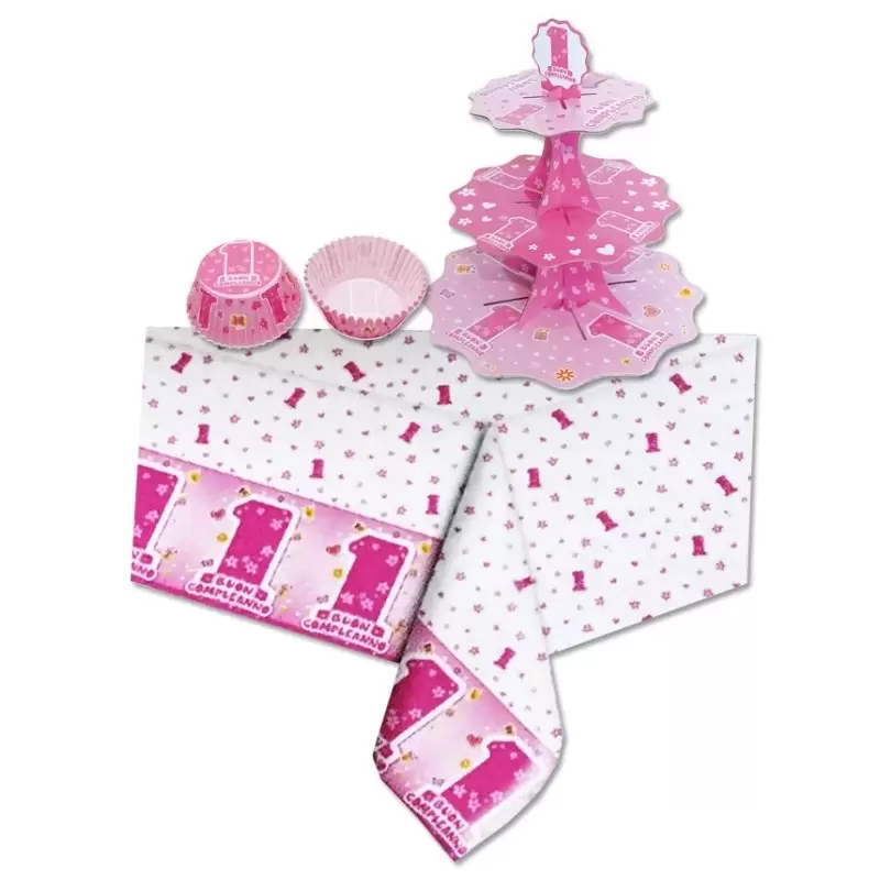 SET CUPCAKE ONE PINK 1 ANNO ROSA  ALZATINA + TOVAGLIA + 48 PIROTTINI
