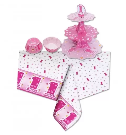 SET CUPCAKE ONE PINK 1 ANNO ROSA  ALZATINA + TOVAGLIA + 48 PIROTTINI