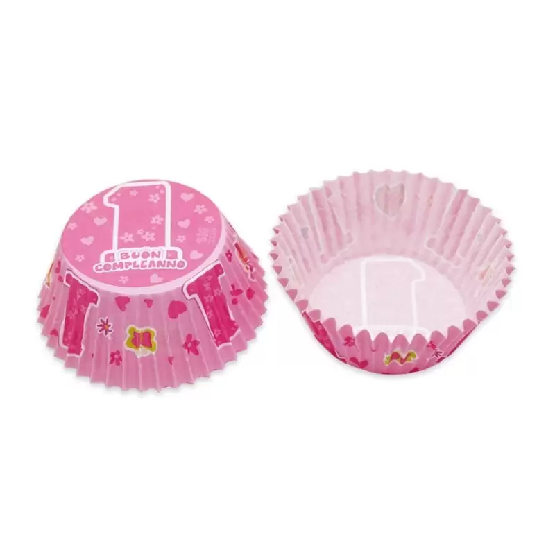 SET CUPCAKE ONE PINK 1 ANNO ROSA  ALZATINA + TOVAGLIA + 48 PIROTTINI