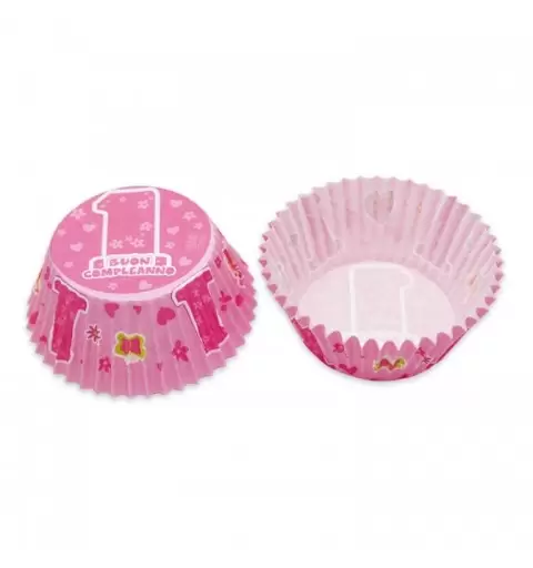 SET CUPCAKE ONE PINK 1 ANNO ROSA  ALZATINA + TOVAGLIA + 48 PIROTTINI