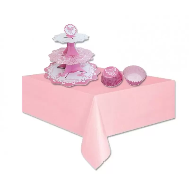 SET CUPCAKE  BATTESIMO SONAGLIO ROSA ALZATINA + TOVAGLIA + 48 PIROTTINI
