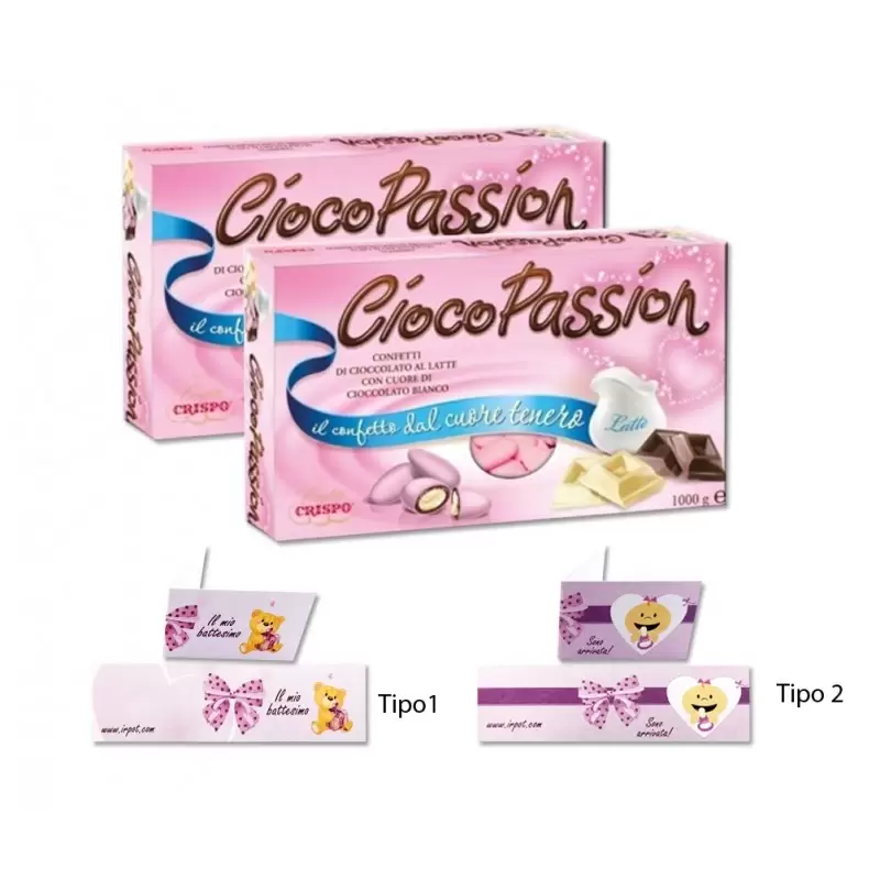 CRISPO CIOCOPASSION CONFETTI CIOCCOLATO AL LATTE ROSA 2 KG + 100 BIGLIETTINI BOMBONIERE