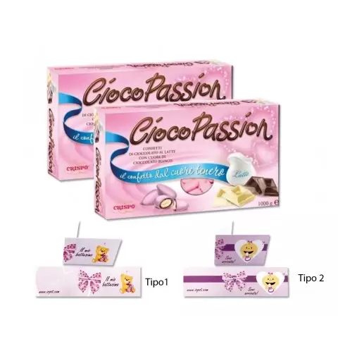 CRISPO CIOCOPASSION CONFETTI CIOCCOLATO AL LATTE ROSA 2 KG + 100 BIGLIETTINI BOMBONIERE