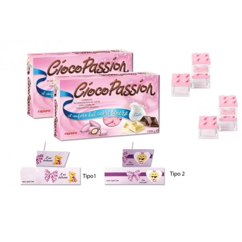 CRISPO CIOCOPASSION CONFETTI CIOCCOLATO AL LATTE ROSA 2 KG + 100 BIGLIETTINI BOMBONIERE
