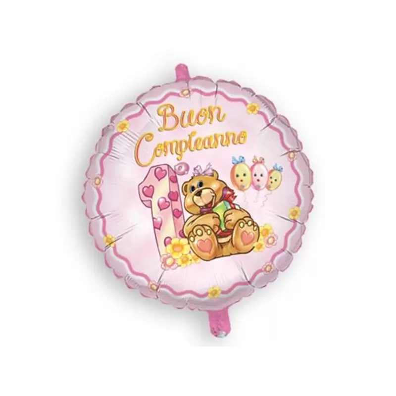 PALLONCINO FOIL BUON 1° COMPLEANNO 1 ANNO ORSETTA MEM05 ROSA