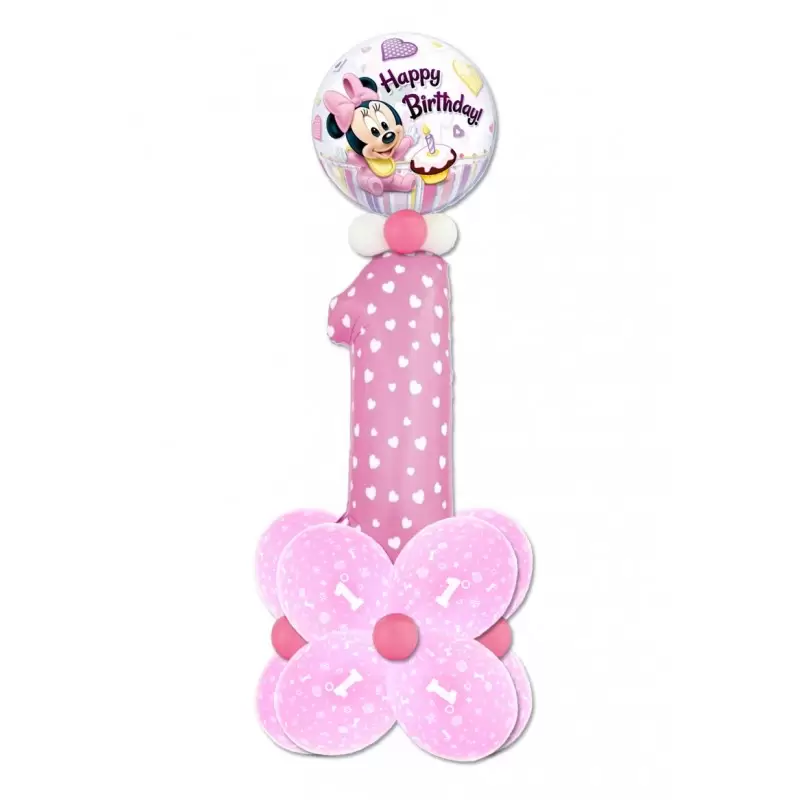 COMPOSIZIONE CENTROTAVOLA PALLONCINI 1 ANNO MINNIE BABY BUBBLE FAI DA TE