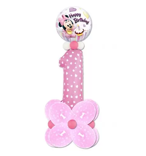 COMPOSIZIONE CENTROTAVOLA PALLONCINI 1 ANNO MINNIE BABY BUBBLE FAI DA TE