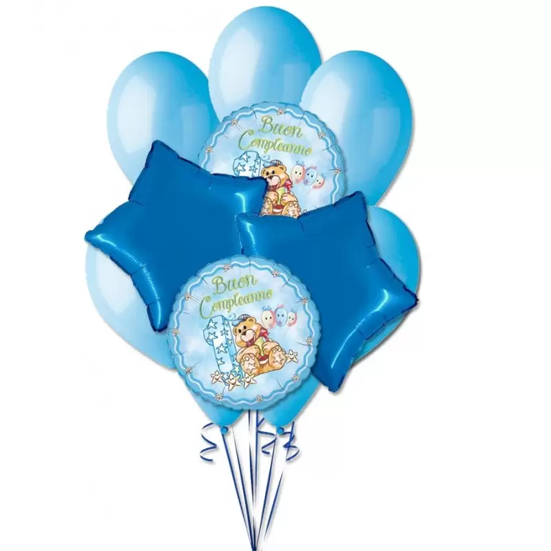 BOUQUET PALLONCINI N 9 UN ANNO ORSETTO CELESTE BUON 1° COMPLEANNO 1 ANNO