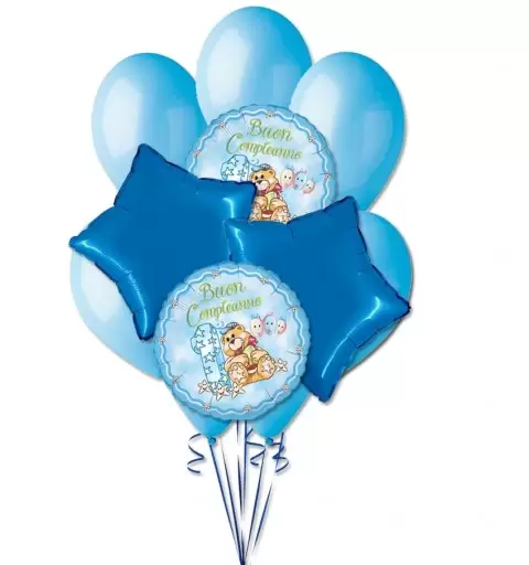 BOUQUET PALLONCINI N 9 UN ANNO ORSETTO CELESTE BUON 1° COMPLEANNO 1 ANNO