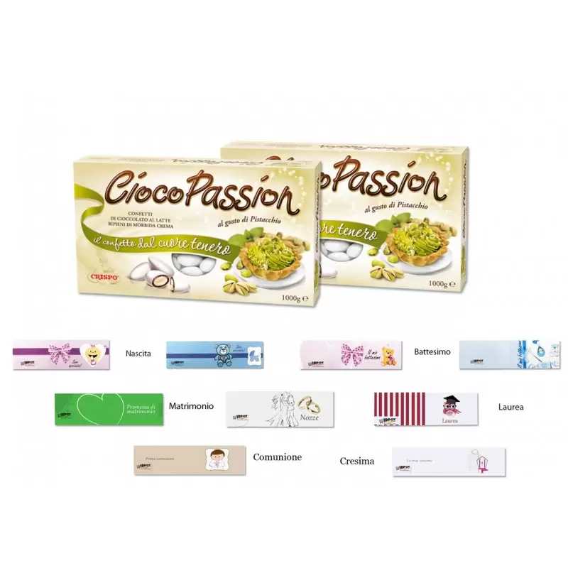 CIOCOPASSION CRISPO CONFETTI PISTACCHIO 2 KG + 100 BIGLIETTINI BOMBONIERE SCELTA