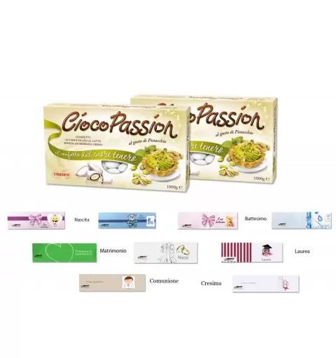 CIOCOPASSION CRISPO CONFETTI PISTACCHIO 2 KG + 100 BIGLIETTINI BOMBONIERE SCELTA
