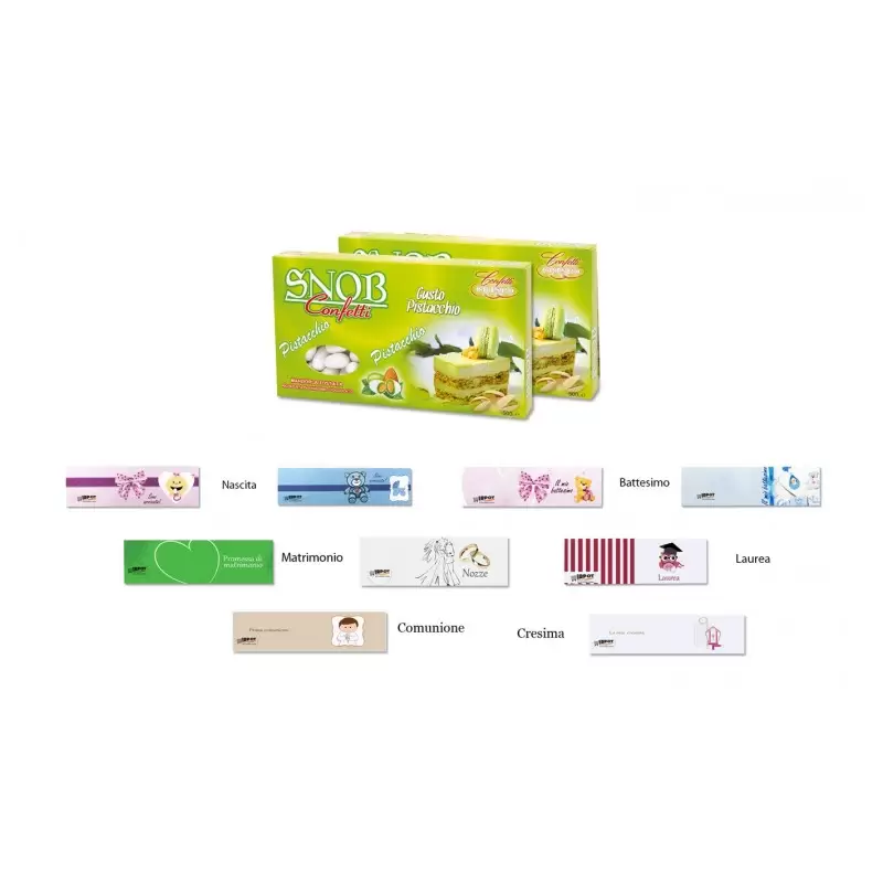 SNOB CRISPO CONFETTI PISTACCHIO 1 KG + 100 BIGLIETTINI BOMBONIERE A SCELTA
