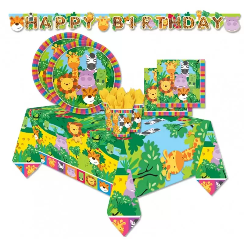 KIT N 13 COORDINATO COMPLEANNO WILD KINGDOM ANIMALI DELLA GIUNGLA CON GHIRLANDA