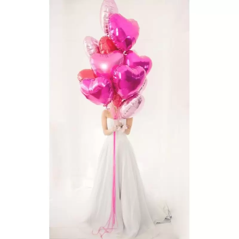 BOUQUET PALLONCINI FOIL 10 CUORI FUCSIA ROSA ROSSI