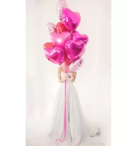 BOUQUET PALLONCINI FOIL 10 CUORI FUCSIA ROSA ROSSI