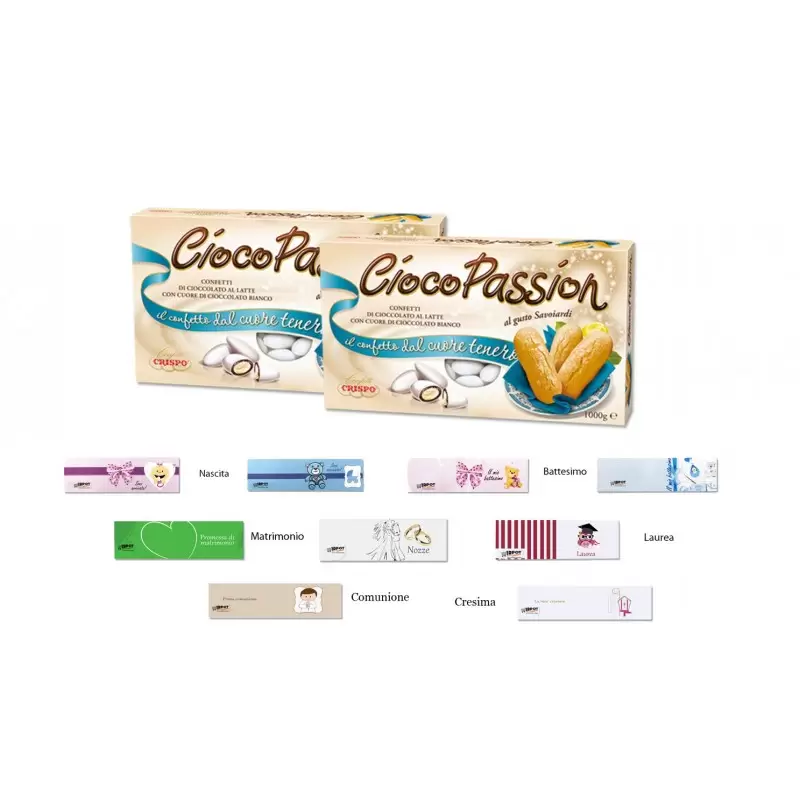 CONFETTI CIOCOPASSION CRISPO SAVOIARDI 2 KG + 100 BIGLIETTINI BOMBONIERE SCELTA