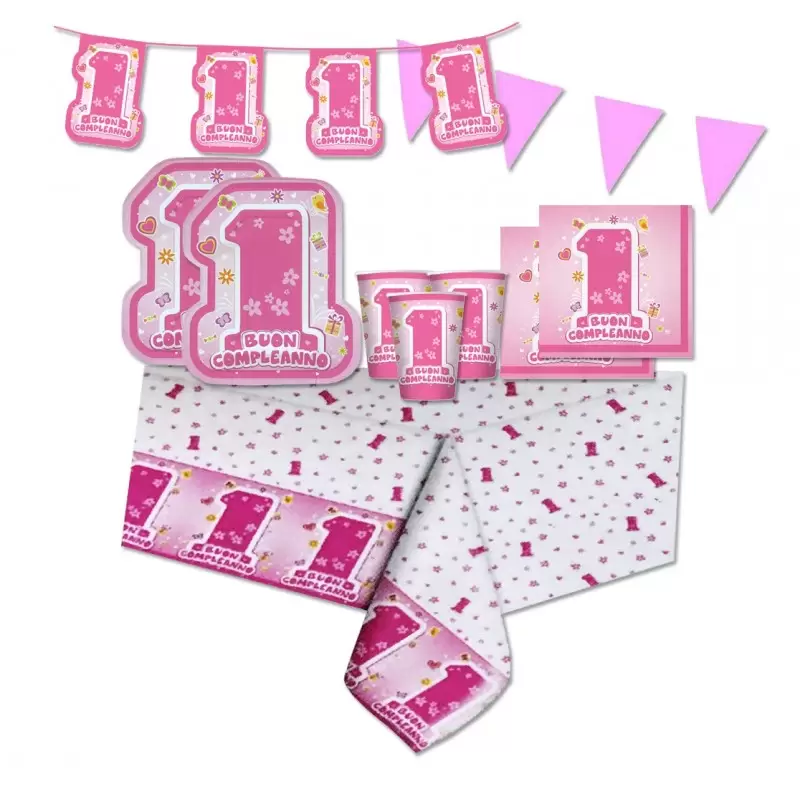 KIT N 17 - ADDOBBI FESTA PRIMO COMPLEANNO 1 ANNO ONE PINK