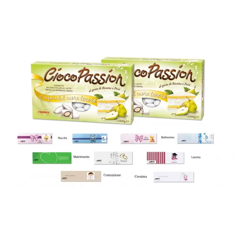 CONFETTI CIOCOPASSION CRISPO RICOTTA E PERA 2 KG + 100 BIGLIETTINI BOMBONIERA