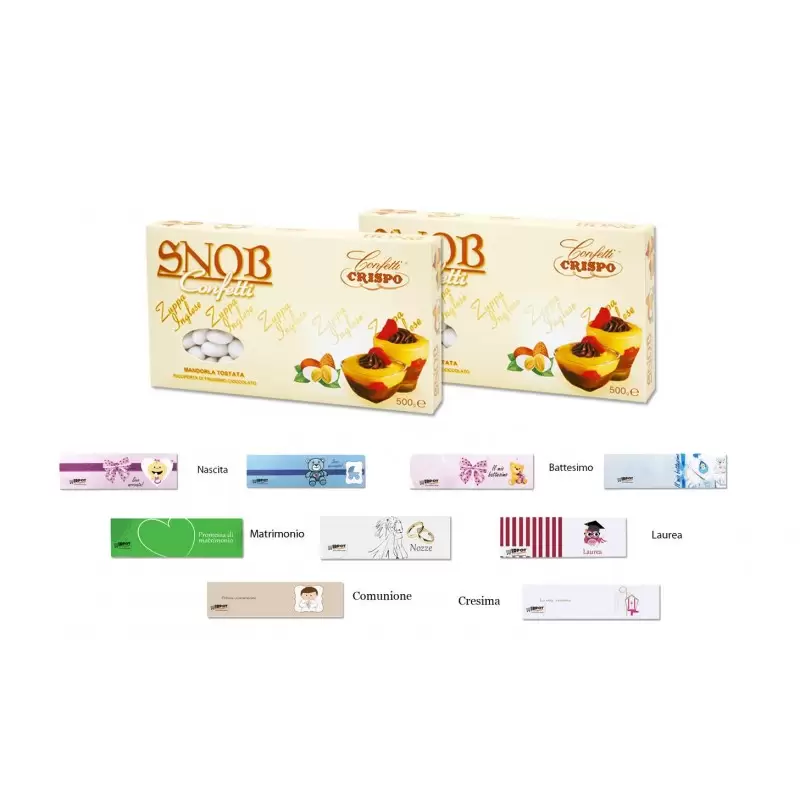 CONFETTI SNOB CRISPO ZUPPA INGLESE 1 KG + 100 BIGLIETTINI BOMBONIERE A SCELTA