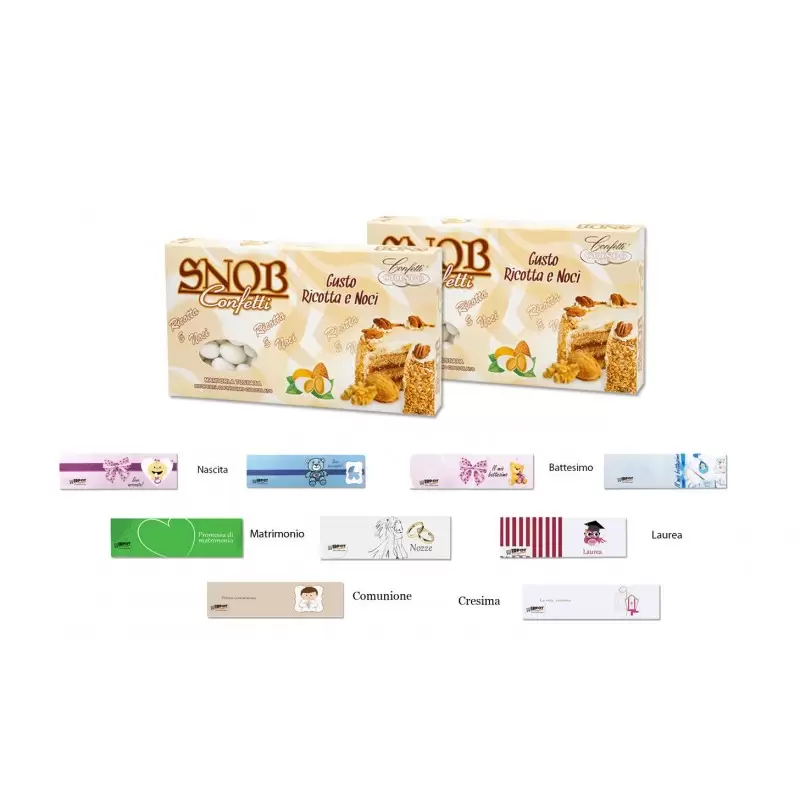 CONFETTI CRISPO SNOB RICOTTA E NOCI 1 KG + 100 BIGLIETTINI BOMBONIERE