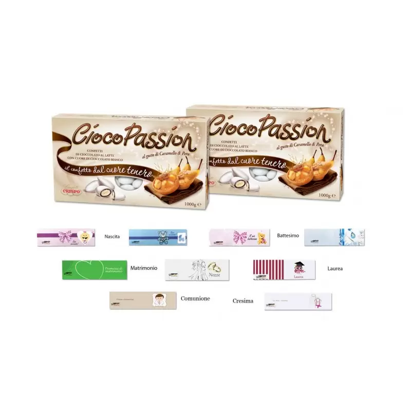 CIOCOPASSION CRISPO CONFETTI CARAMELLO E PERA 2 KG + 100 BIGLIETTINI BOMBONIERA