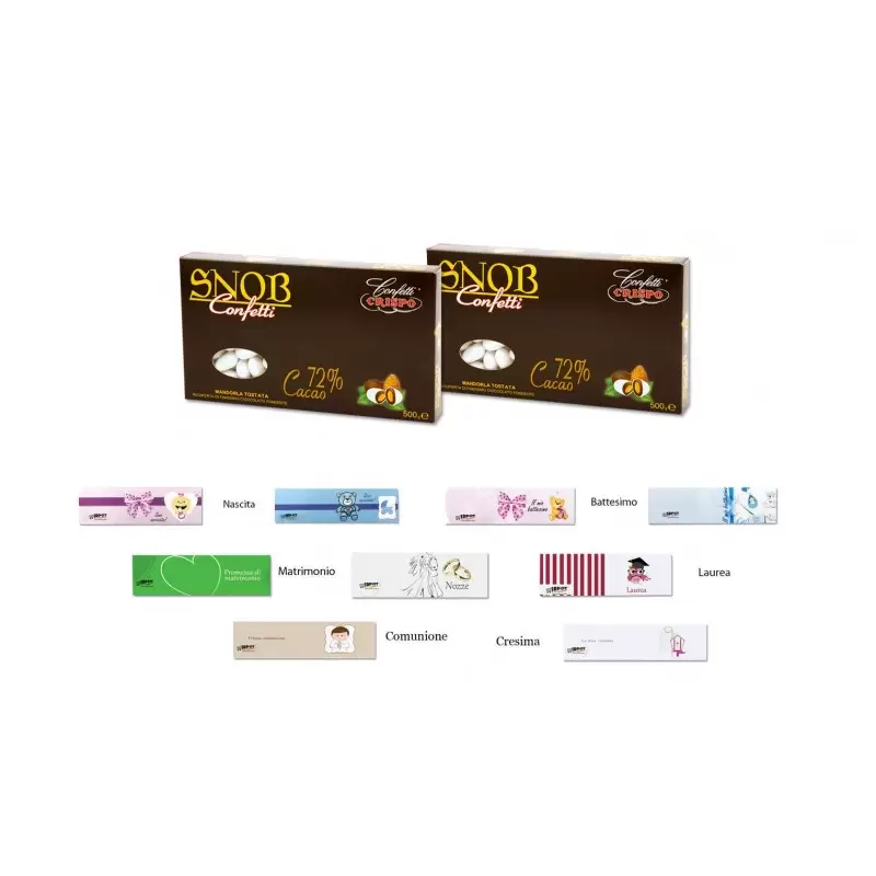 CONFETTI SNOB GUSTO CACAO 72 % 1KG CRISPO + 100 BIGLIETTINI BOMBONIERE A SCELTA